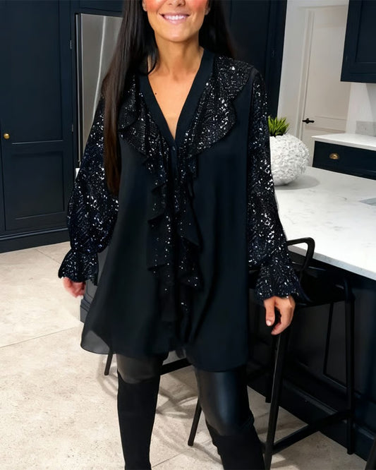 Ensfarvede løse bluser med flæser