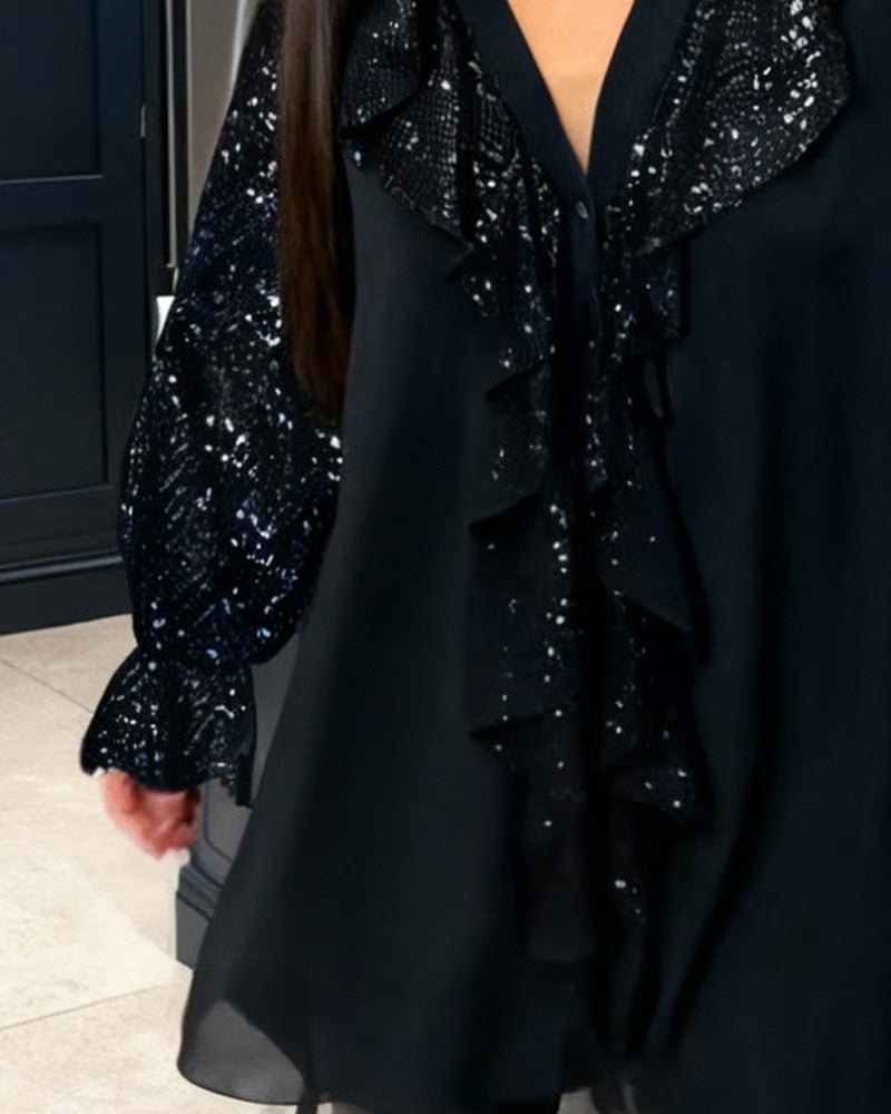 Ensfarvede løse bluser med flæser