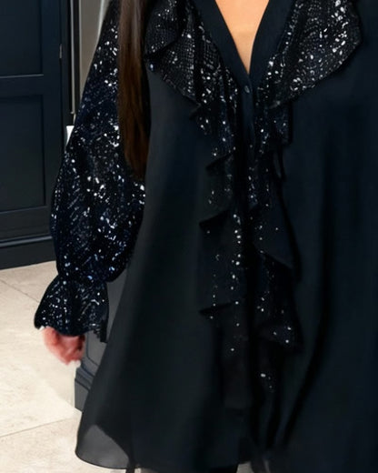 Ensfarvede løse bluser med flæser