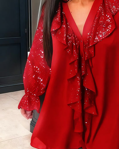 Ensfarvede løse bluser med flæser